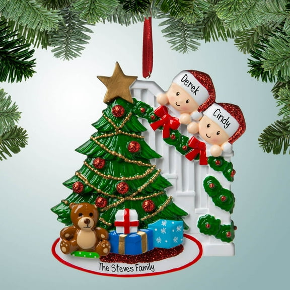 Peeking Around Tree Family - 2 - Personalized Ornaments - 1st Christmas Together - Morning Presents Gifts - Great Gift Ideas