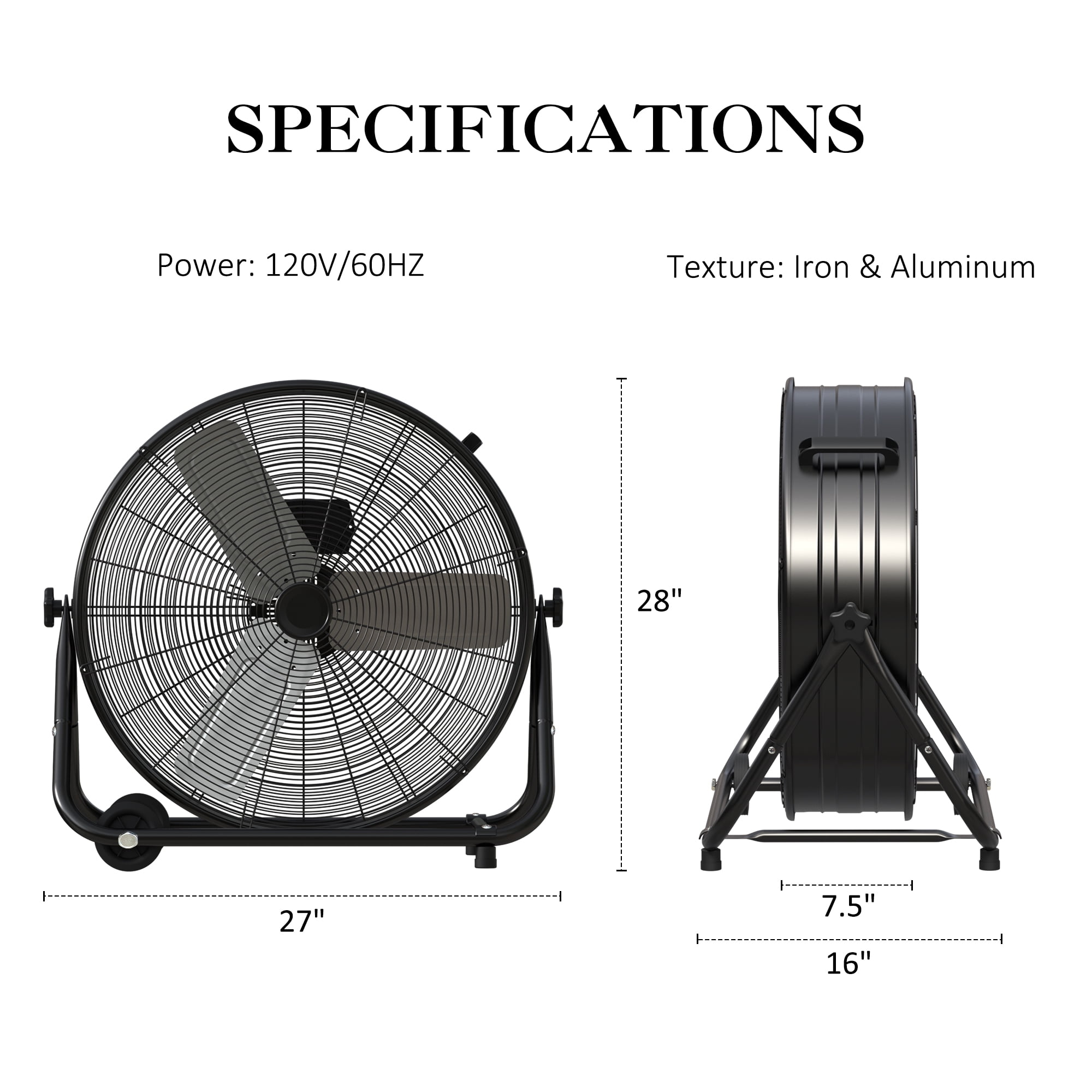 24” Industrial Drum Fan, 9260 CFM High Velocity Floor Fan, 3 Speed Air Circulator w/180°Tilt, Black