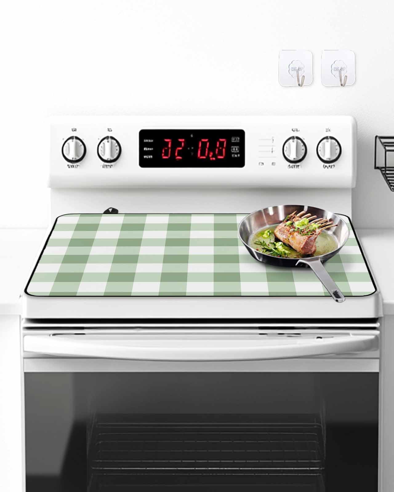 Stove Top Covers for Electric Stove, Sage Green Buffalo Plaid Glass Stovetop Cover Protector, Green White Checkered Farmhouse Induction Cooktop Protector Oven Mat for Kitchen Countertop 24"x21"