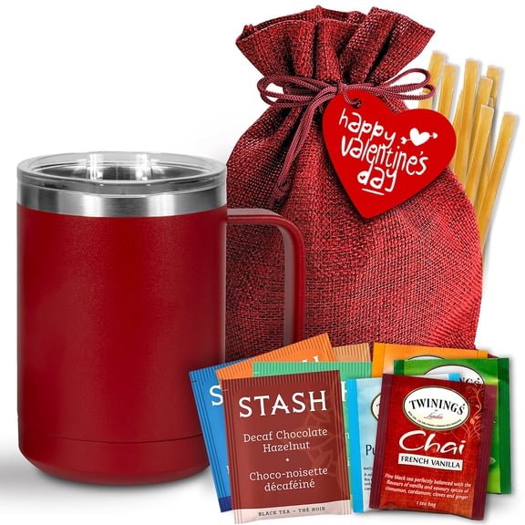 Bellina Tea Gift Baskets for Women and Men - Valentines Day - Insulated Mug, 20 Premium Teas, 10 Honey Straws, Gift Tag & Bag