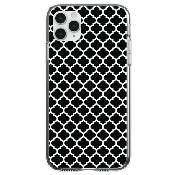 DistinctInk Clear Shockproof Hybrid Case for iPhone 12 / 12 PRO (6.1" Screen) - TPU Bumper, Acrylic Back, Tempered Glass Screen Protector - Black White Moroccan Lattice