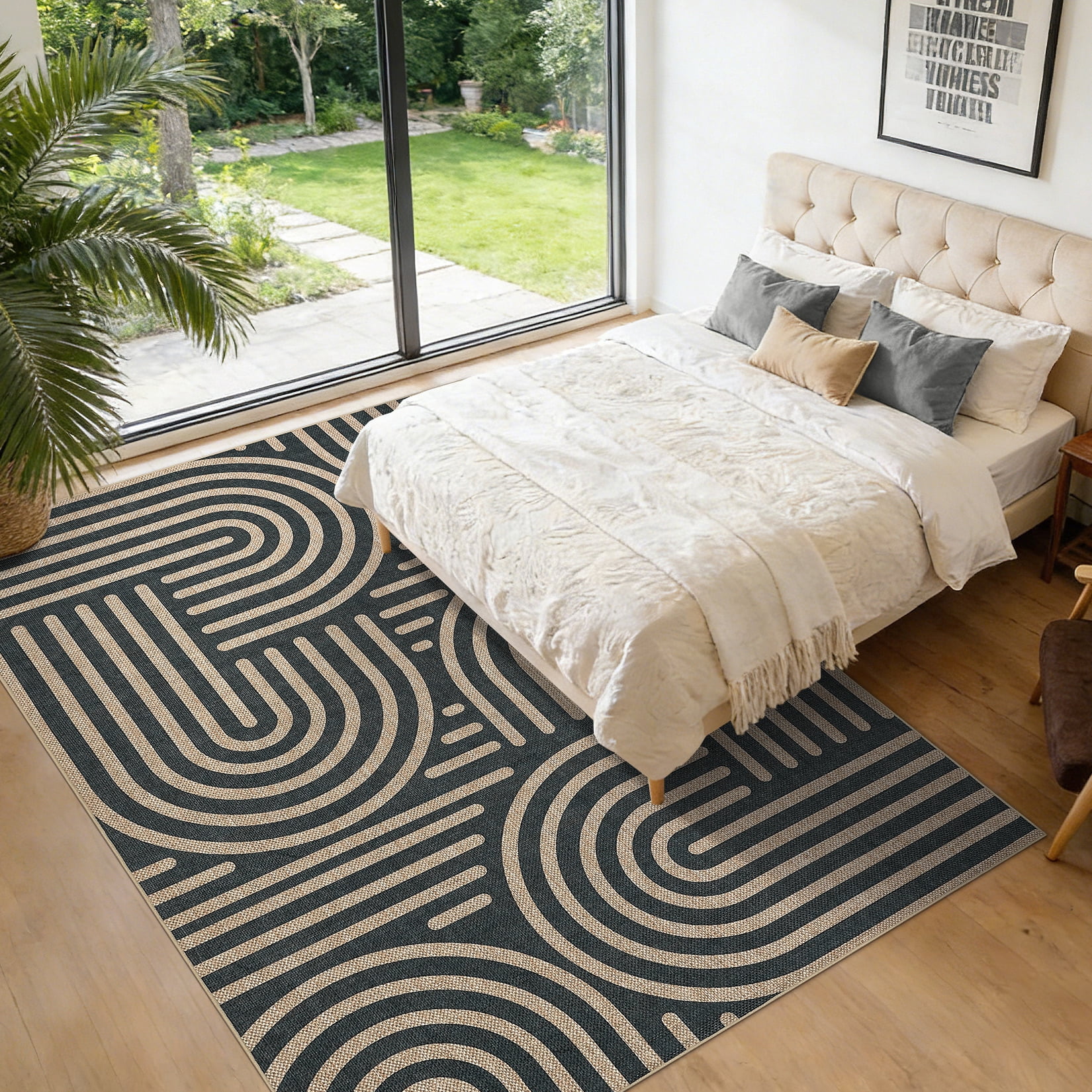 Garvee 10'x13' Geometric Area Rug Easy Jute Carpet, Abstract Washable Rug Rainbow Non Slip Indoor Outdoor Accent Rug for Living Room Bedroom Dining Room Balcony Patio, Black