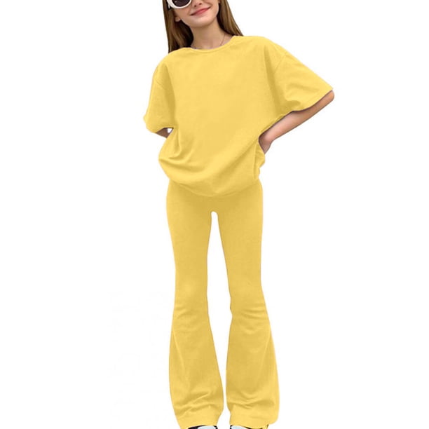 Conjuntos de blusas y camisas de cuello redondo y manga corta para niños, camisetas de manga corta de color liso y pantalones largos, conjunto de dos piezas para niñas, top de poliéster