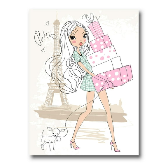 Designart ' Young Woman With Shopping Boxes In Paris ' Shabby Chic Canvas Wall Art Print