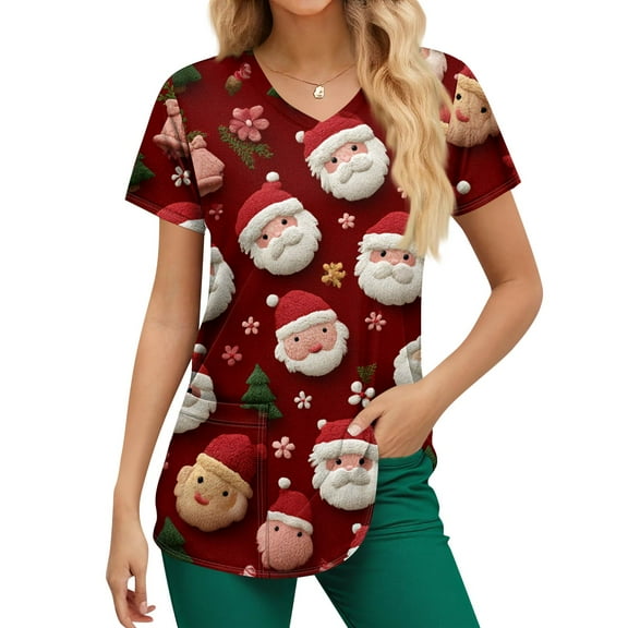 Homozy S-5xl Christmas Scrub Tops for Women Plus Size Christmas Tree Printed Workwear Uniform Casual Short Sleeve Pullover Loose Fit Nurse Scrub Red M
