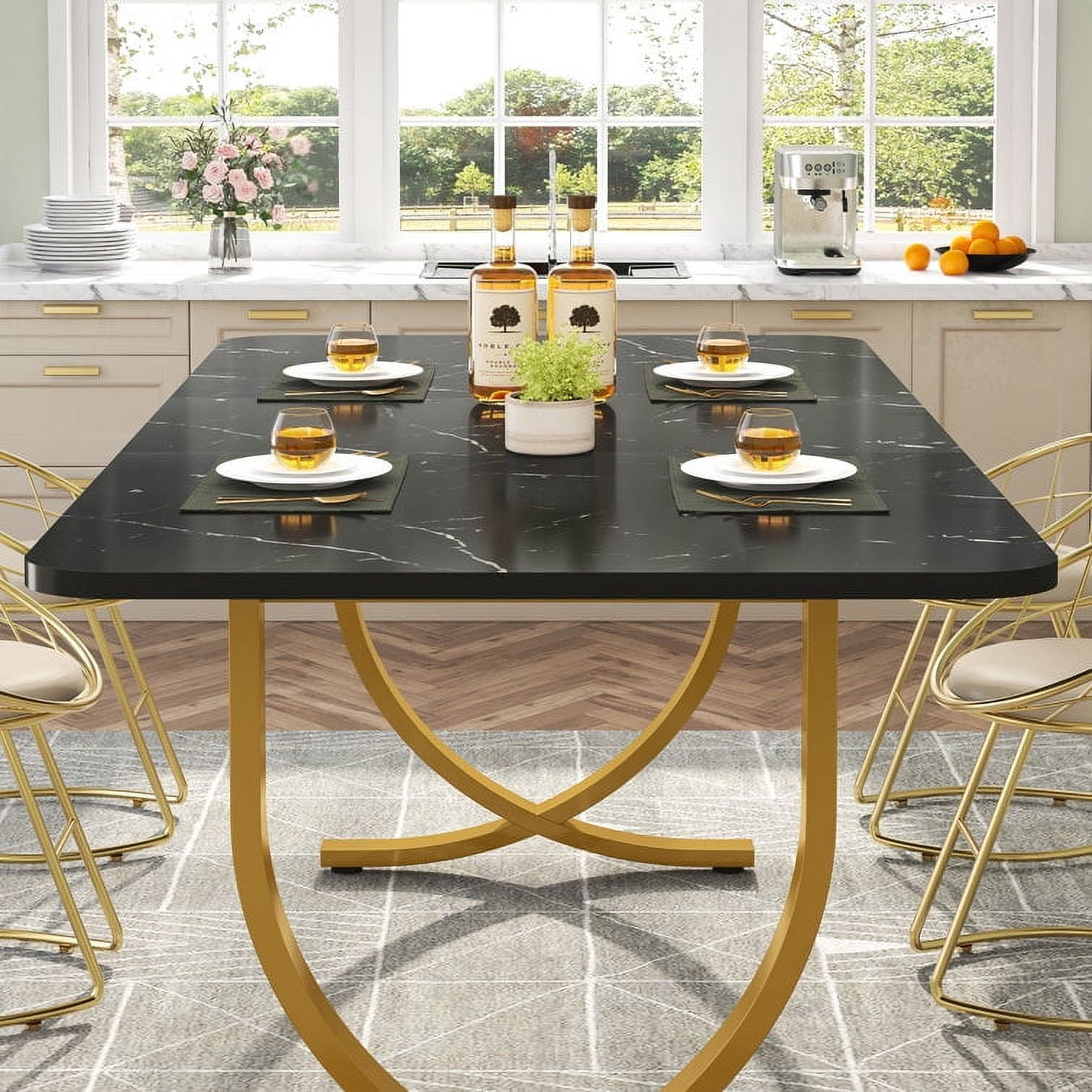 Tribesigns Rectangular Dining Table for 4 to 6, 63-Inch White and Gold Modern Kitchen Table with Faux Marble Table Top and Metal Legs for Dining Room, Kitchen or Living Room