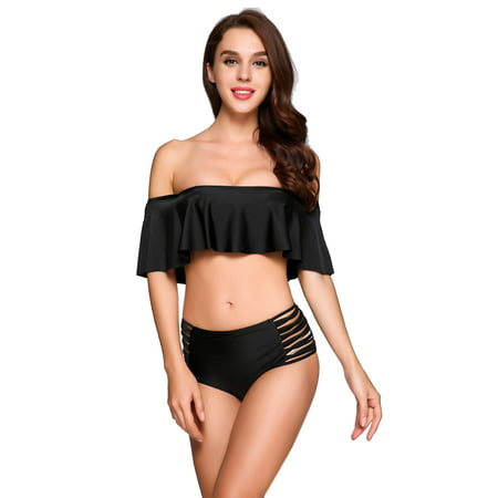 Womens Trendy Plus Size Lattice Flounce Bikini Set Fashion Flounce One-Piece Swimsuit (Black Bandeau Bikini Set, (Best Swimwear Style For Plus Size)