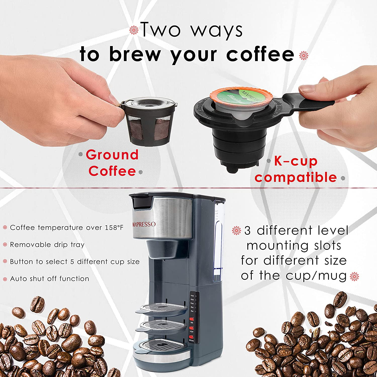 Mixpresso Single Serve Coffee Brewer K-Cup Pods Compatible & Ground Coffee 30 oz (Grey)