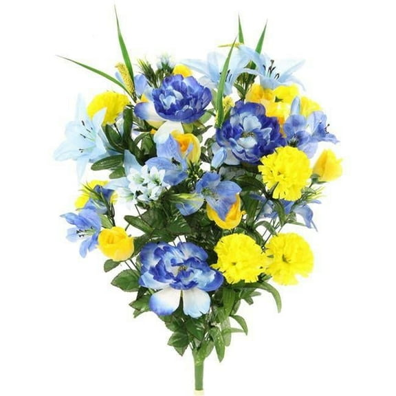 Admired by Nature ABN1B001-BL-YW 40 Stems Artificial Full Blooming Lily, Rose Bud, Carnation & Mum with Greenery Mixed Flower Bush - Blue & Yellow