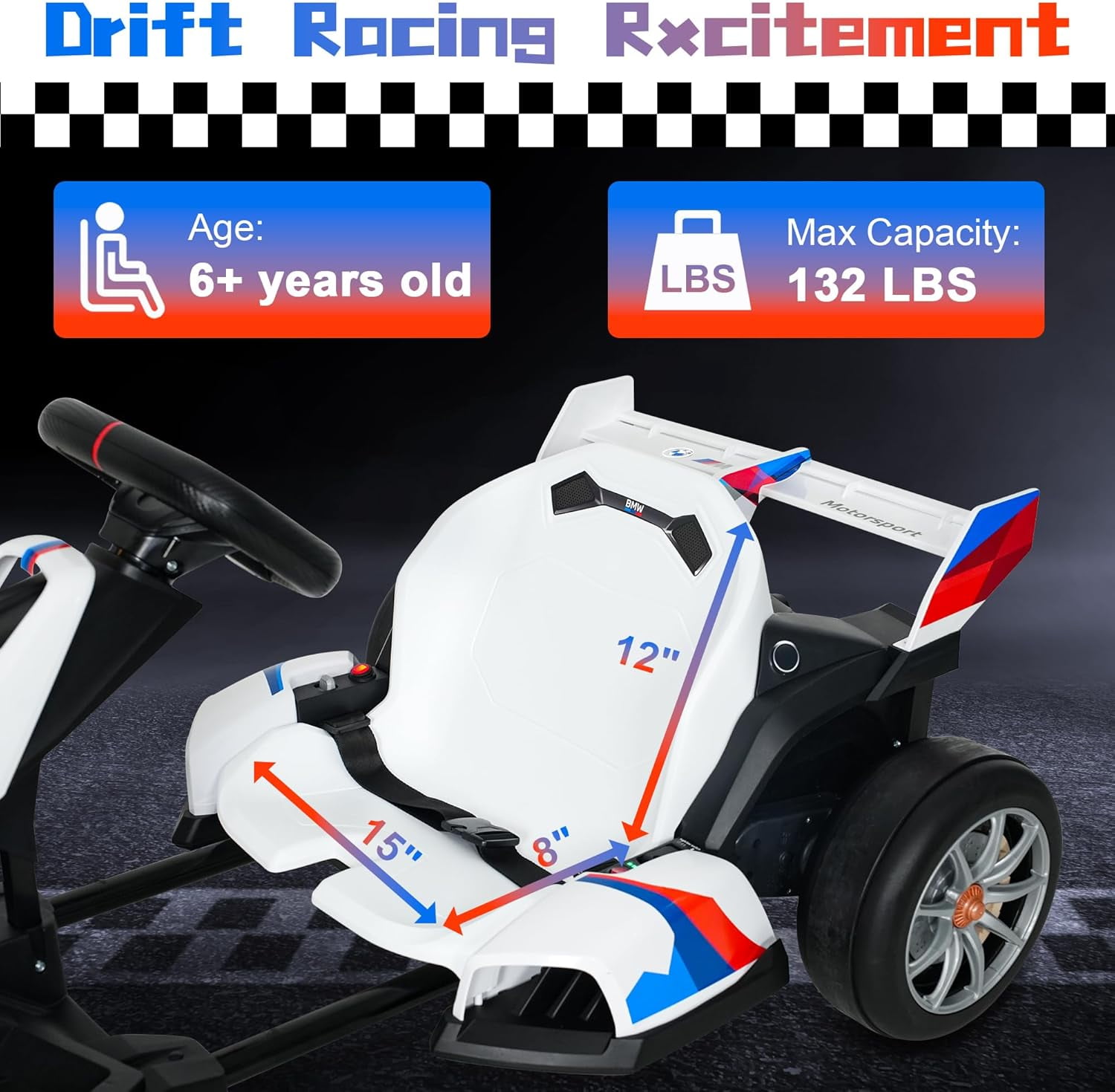 Akaber Electric Go Kart with Adjustable Seat, 24V 9AH Drift Kart with 400W Motors, Crazy Go Cart for Kids Ages 6-12, Licensed BMW, LED Lights, Drift Mode and 2 Speed (White)