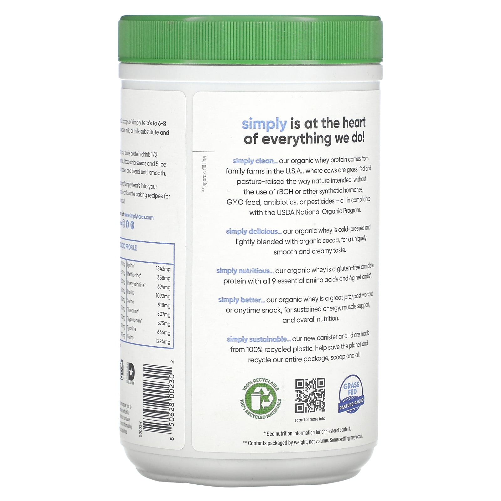 Tera's Whey Organic Whey Protein Powder, Dark Chocolate, 20g Protein, 0.75 Lb