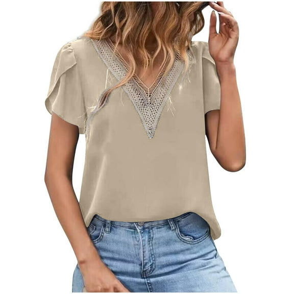 Women's Casual Dressy Tops Lace V Neck Short Petal Sleeve Shirts Fashion Color Block Loose Fit Blouses S-2xl (XL, Khaki)