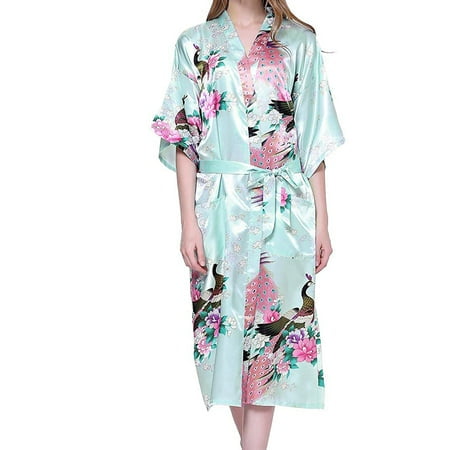 

Women Bathrobes Peacock Kimono Long Dressing Gown Japanese Robe Dress Silk nightgown imitation silk peacock print long nightgown homewear belt nightdress nightgown light blue XXL