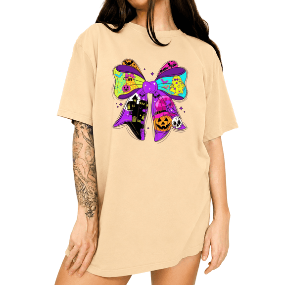 UNISHE Halloween Bow Graphic Tee Colorful Pumpkin Ghost Print T-Shirt for Women