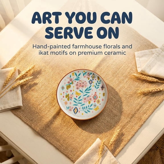 Chumbak Farmhouse Ceramic Platter, Hand-Painted Multicolor, 12-inch