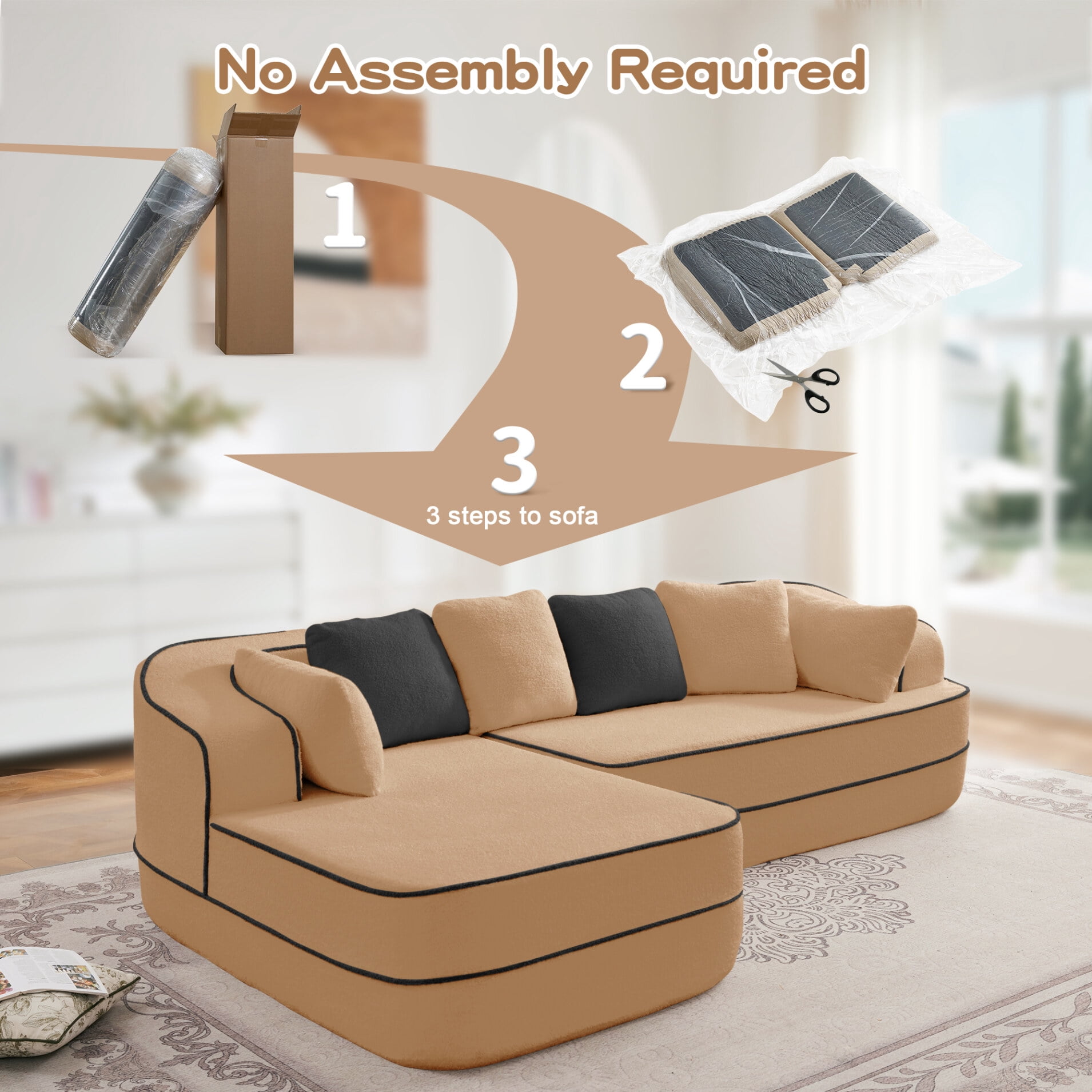 106" Teddy Fabric 32D Boneless Sofa,Modular Sectional Sofa with Curved Armrest,Contrast Color Design with Pillow,Fluffy Comfy Couch with L Shaped Chaise,for Living Room,No Assembly Required,Camel