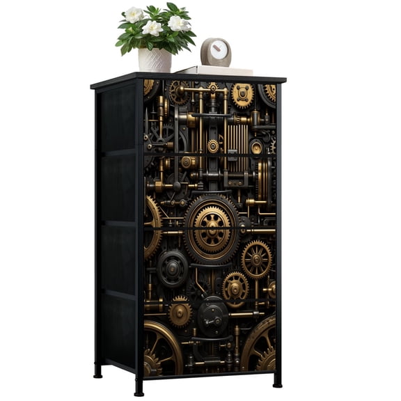 Dresser for Boys Bedroom with 4 Storage Drawers Steampunk Gear Mechanism Intricate Brass Black Dressers Chest of Drawers Steel Framed Fabric Closet Organizers for Dorm Entryway Men Cave