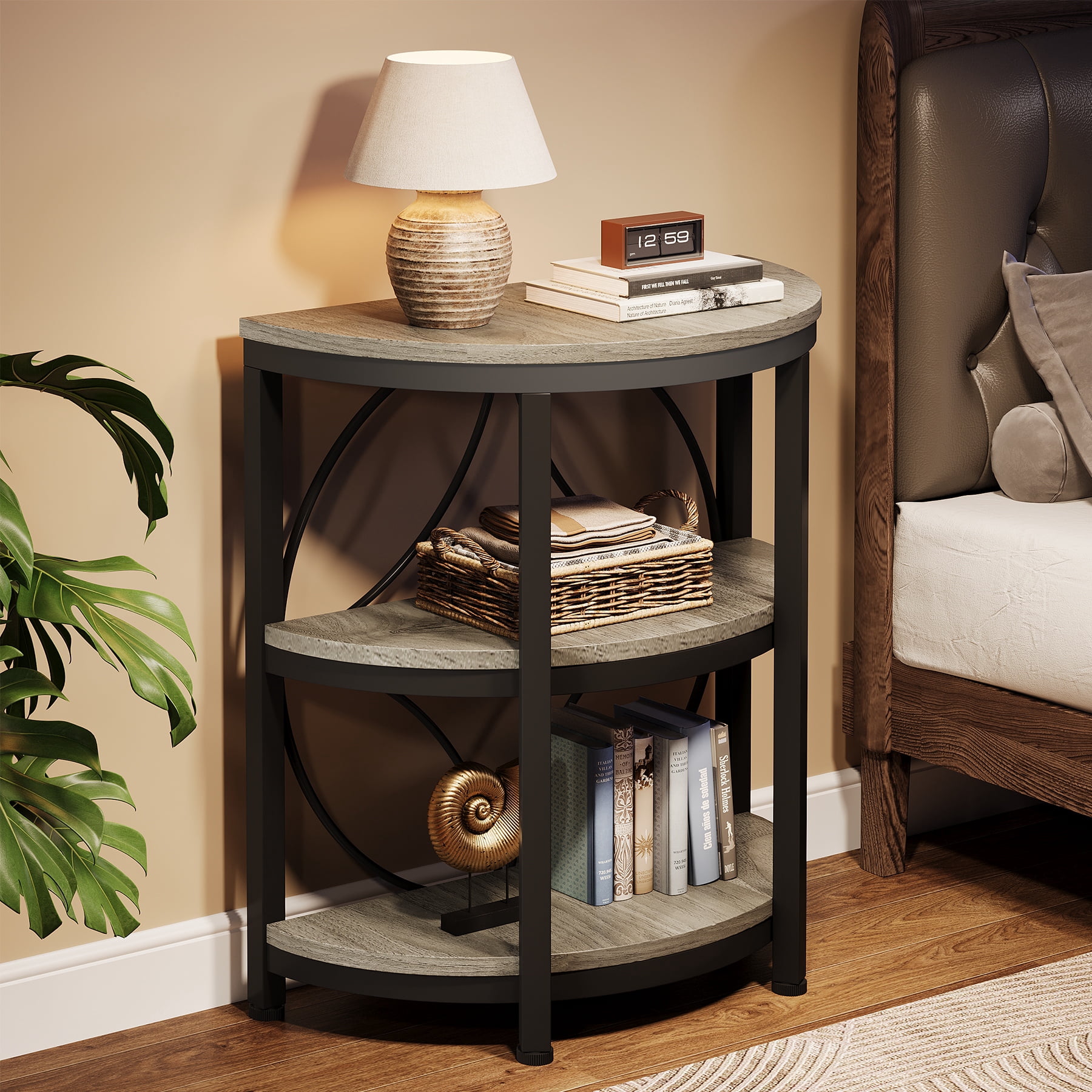Fnova Farmhouse Half-Moon End Table, 3-Tier Storage Wood Side Table with Metal Frame, Modern Bedside Table, Narrow Sofa Table for Living Room Bedroom, Easy Assembly, Gray