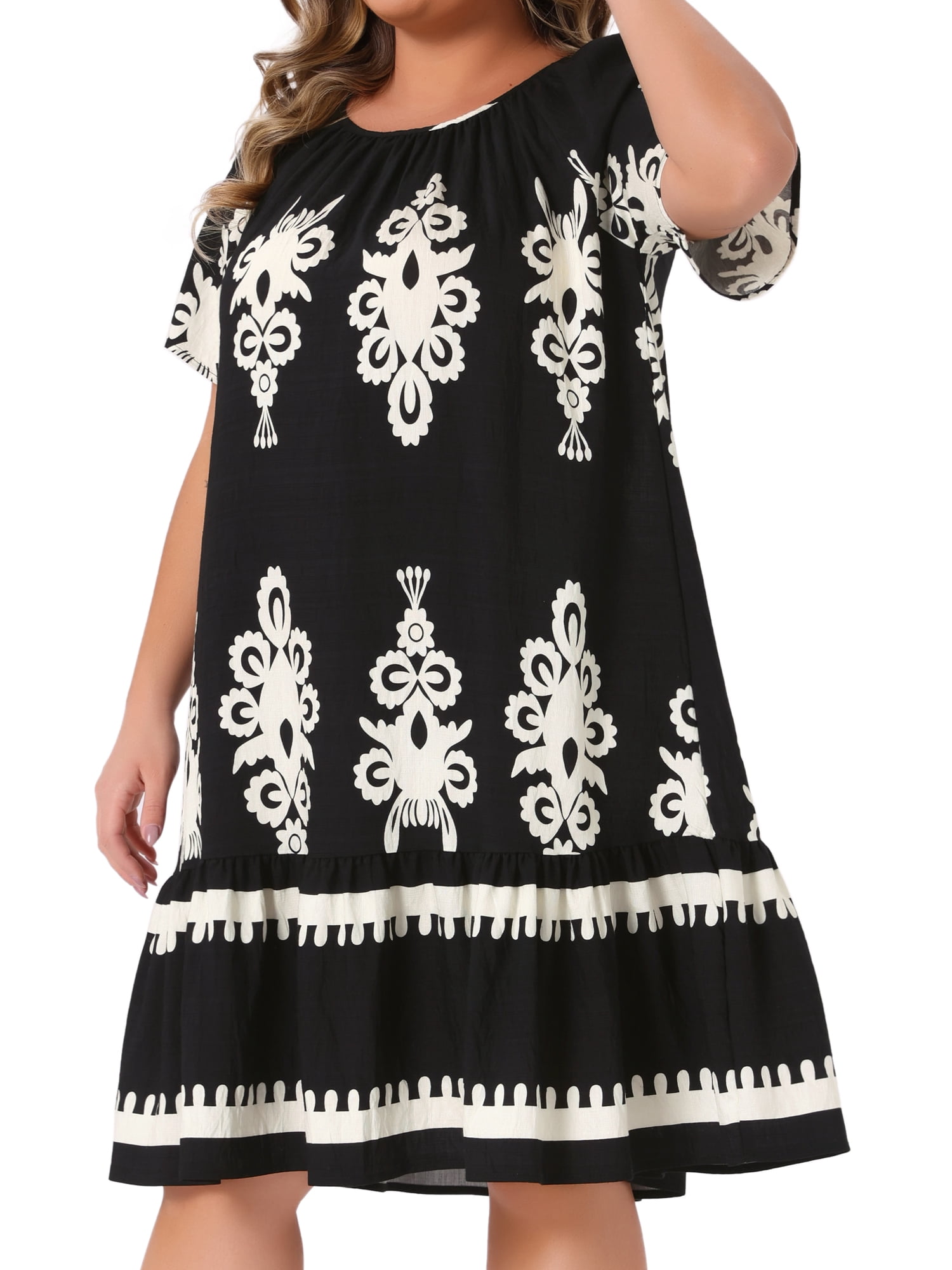 DARING DIVA Plus Size Summer Boho Short Sleeve Flared Midi Dress 3X Black