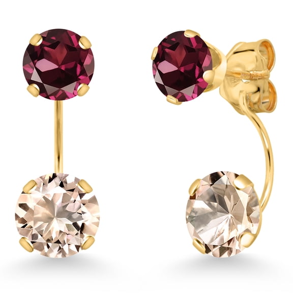 Gem Stone King 14K Yellow Gold Peach Morganite and Red Rhodolite Garnet Stud Earrings for Women | 2.40 Cttw | Gemstone October Birthstone | Round 6MM