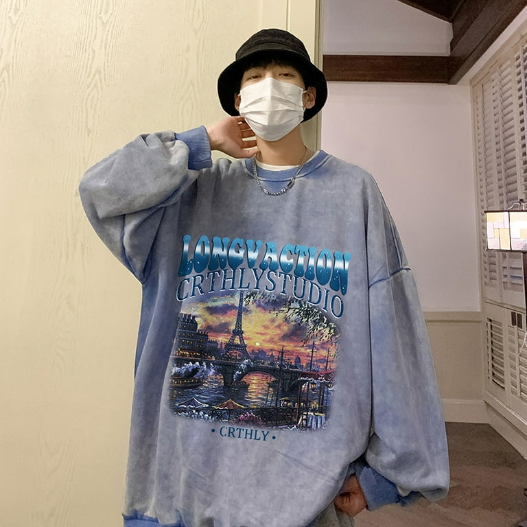 Vintage Pattern Men Sweatshirt Washed Pullovers Crew Neck