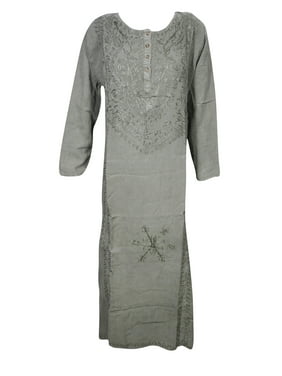 Mogul Women's Shift Dress Long Tunic Caftan Enzyme Wash Rayon Comfy Gray Embroidered Free Spirit Maxi Dresses