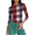 thumbnail image 2 of Womens Slim Fit T-shirts 3/4 Sleeve Crewneck Plus Size Y2k Crop Tops Graphic Base Tee Shirt S-3X Casual Spring (M, Wine|Plaid), 2 of 7
