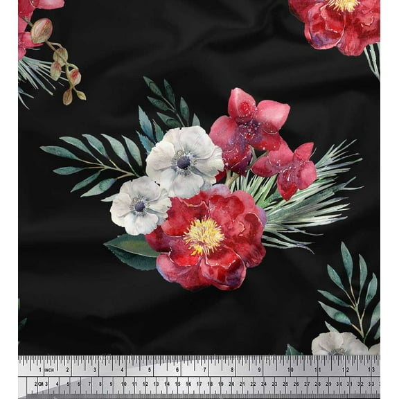 Soimoi Black Cotton Duck Fabric Peony & Anemone Floral Print Print Fabric by the Yard 44 Inch Wide