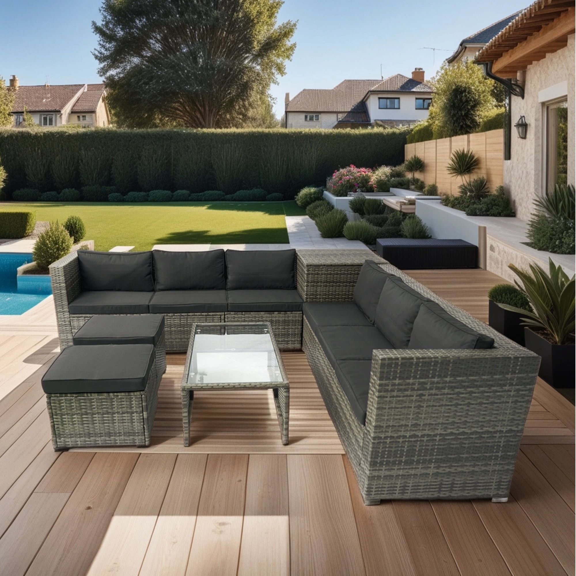 8-Piece Patio Furniture Set, All-Weather Rattan Patio Sectional Sofa Set with Storage Box & Glass Table, Configurable Outdoor Furniture for Deck, Pool, Garden, Grey & Black