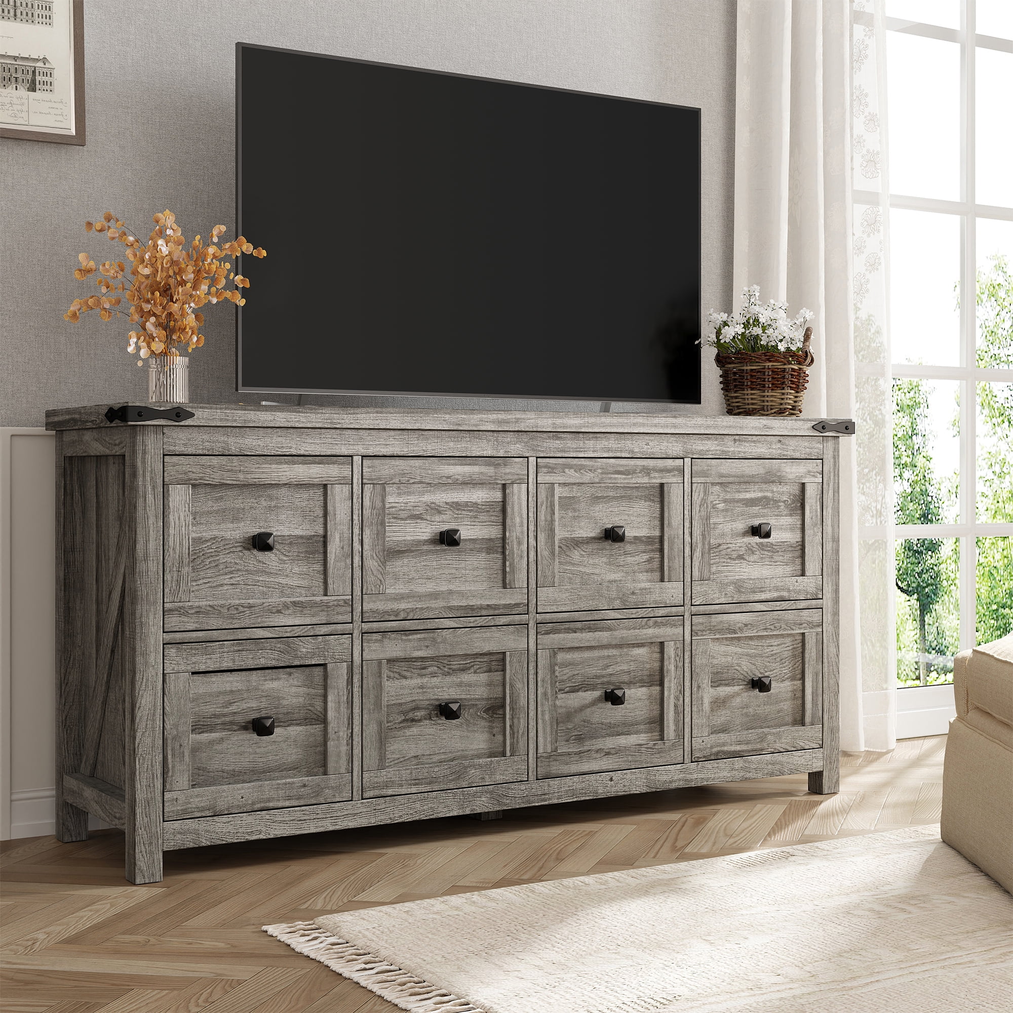 EnHomee Dresser for Bedroom Wooden Dresser with 8 Drawers Farmhouse Dresser TV Stand，Gray