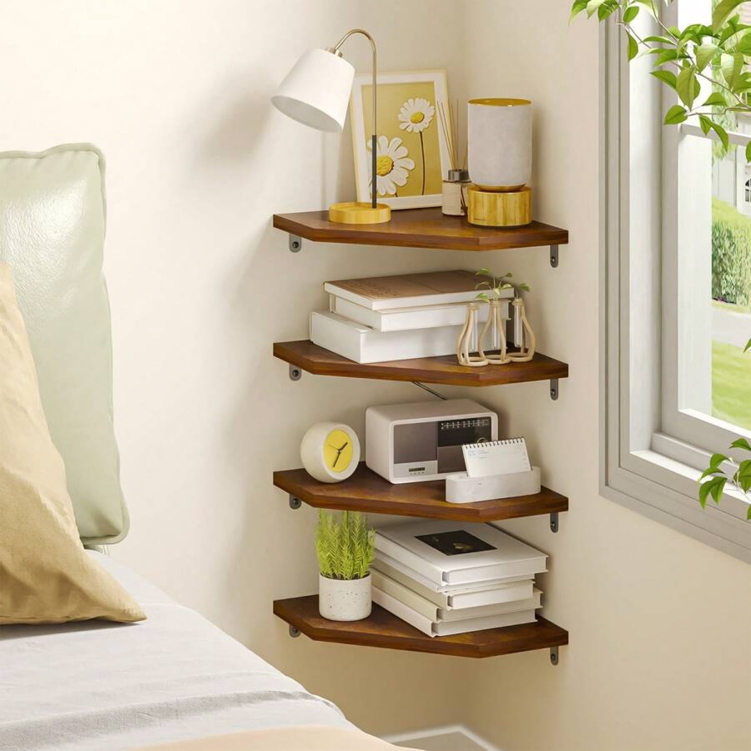 Set Of 4 Floating Corner Shelves, Rustic Wood Wall Mounted Storage & Display Shelves For Bathroom, Kitchen, Living Room & Bedroom Organization