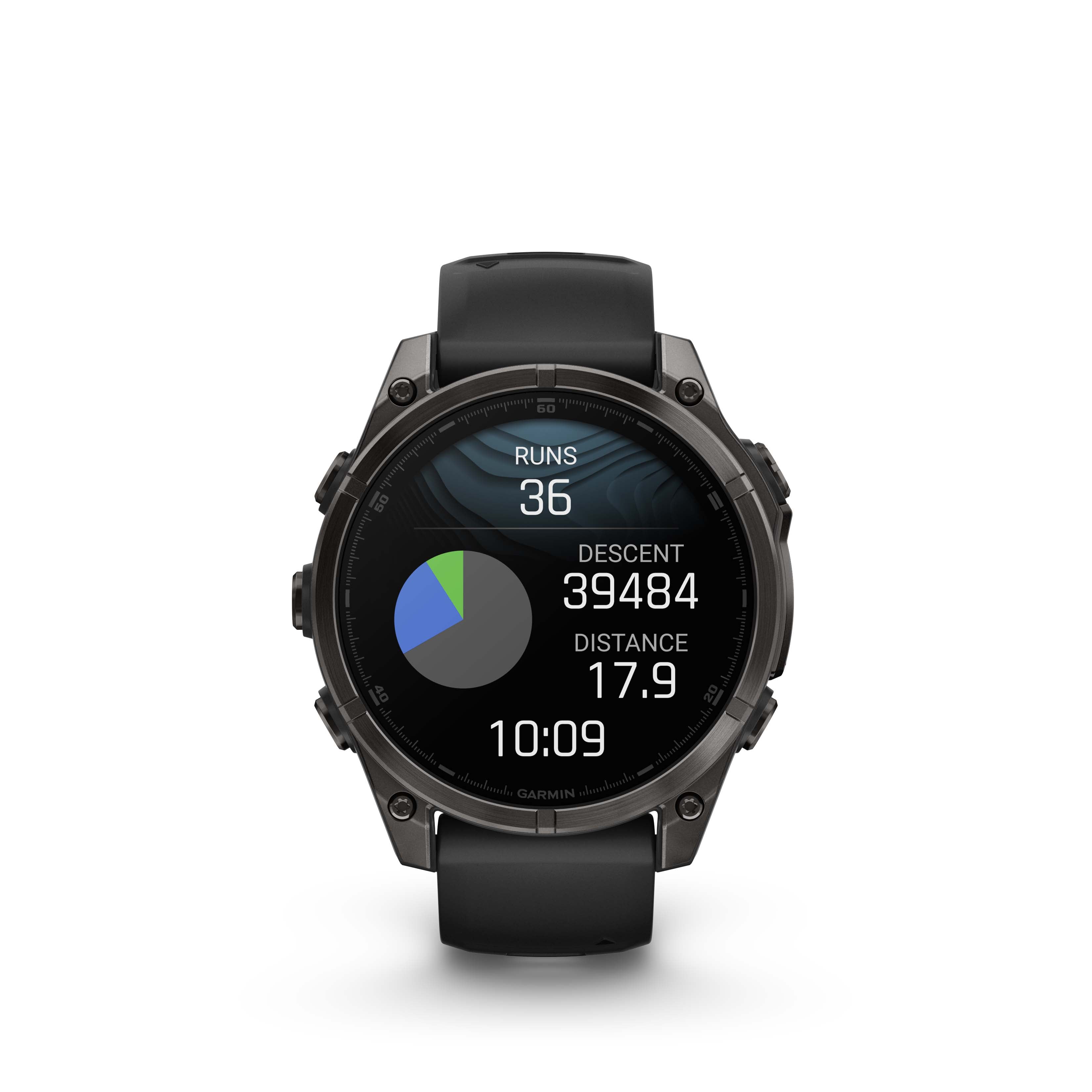 Montre intelligente GPS Garmin fēnix® 8 avec écran AMOLED et objectif saphir - 47 mm - Lunette en titane DLC gris carbone avec bracelet en silicone noir/gris galet