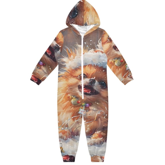 Pomeranian Christmas Hat One Piece Pajamas Soft Jumpsuit Cozy Sleep and Play Romper Zipper and Pockets 4T