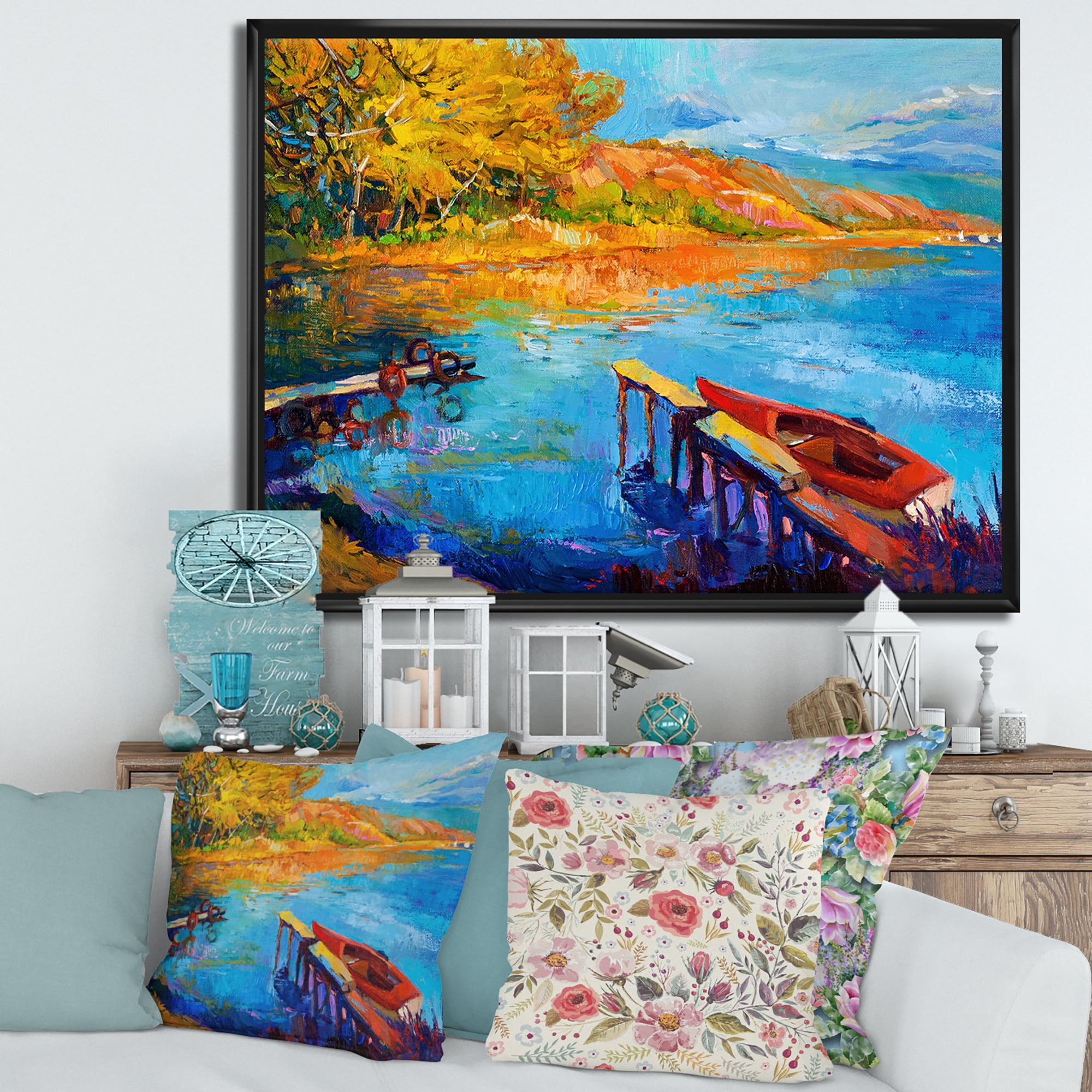 The Lake At Sunset Evening Glow II 32 in x 24 in Framed Painting Canvas Art Print, by Designart