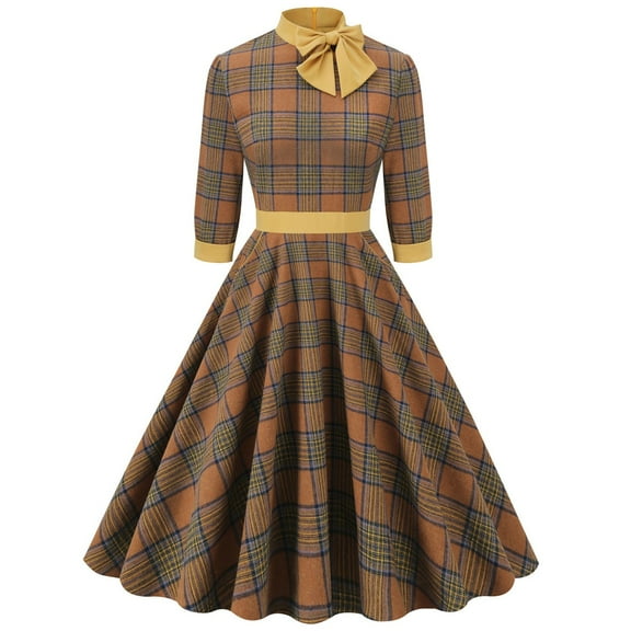 Njagoc3 Womens Long Sleeve Plaid Fit & Flare Dress, Vintage Casual Gown, Fall Party & Daily Wear