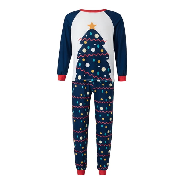 Pijama navideño familiar con estampado de árbol, cuello redondo clásico a juego, estilo casual, ropa de vacaciones.