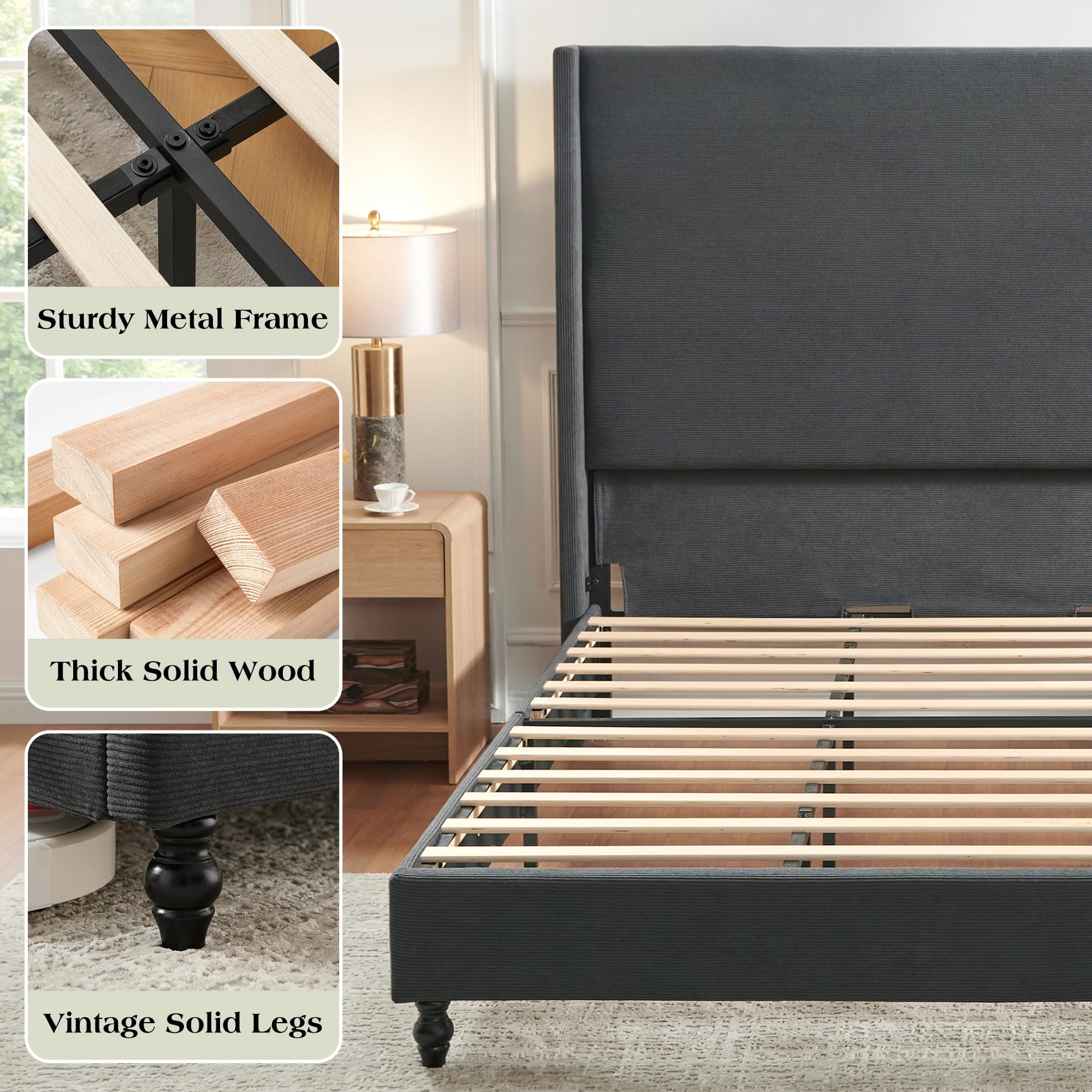 VanAcc King Bed Frame with 65" Tall Headboard, Horizontal Fine Corduroy Bed Frame with Upholstered Wingback, Vintage Solid Wood Gourd Legs, Black