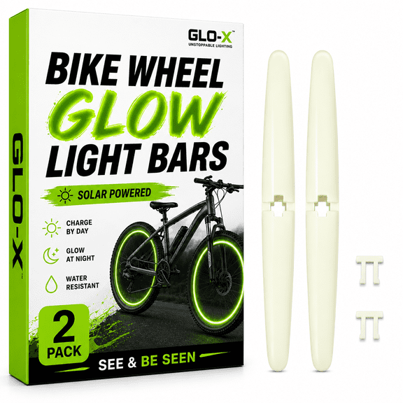 GLO-X Solar-Powered Bike Wheel Lights (2 Pack) - Glow in The Dark Bicycle Spoke Lights, Waterproof, Easy Install