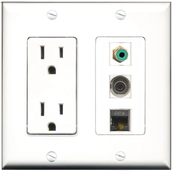 RiteAV - 15 Amp Power Outlet 1 Port RCA Green 1 Port Shielded Cat6 Ethernet Ethernet 1 Port 3.5mm Decorative Wall Plate