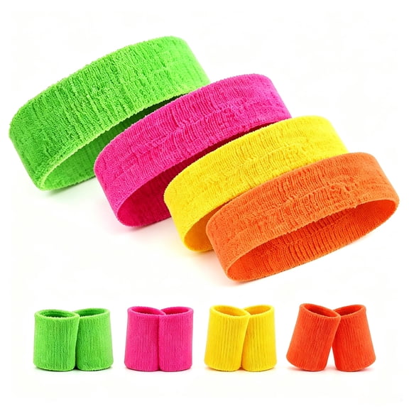 12 Pack Neon Sweatbands Set Sports Headband Wristband for 80s 90s Party Tennis Football Gym Outdoor, Sports Sweat Bands for Men Women (Green, Rose Red, Yellow, Orange)