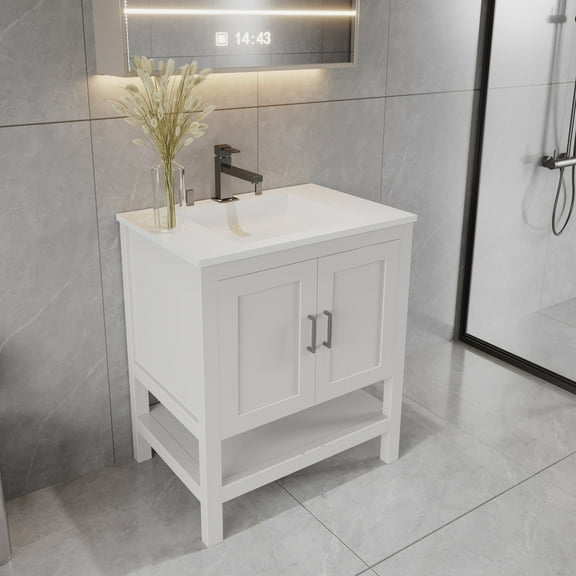30" White Freestanding Bath Vanity with Open Shelf Sink Base Cabinet Without Top