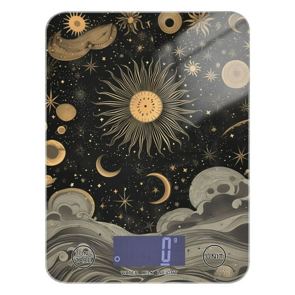 Sun and Moon Stars Waves Food Scale Digital Kitchen Scale Waterproof Tempered Glass Tare Function 11 lb for Baking Cooking Meal Prep
