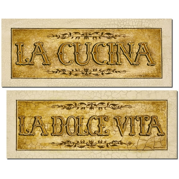 Vintage Beige Italian 'La Cucina' and 'La Dolce Vita' Adult Kitchen Decor; 2 - 20" x 8" Unframed Prints