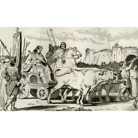 Clovis Iii 682 To 695 In A Chariot Pulled By Oxen With Pepin Ii Of Herstal C714 Riding Alongside Him From Histoire De France By Colart Published Circa 1840 Canvas Art - Ken Welsh Design Pics (36 x 22