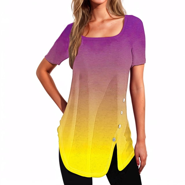 Plebaso Womens Summer Shirts Short Sleeve Gradient Tunic Tops Square Neck Dressy Loose Blouses with Split