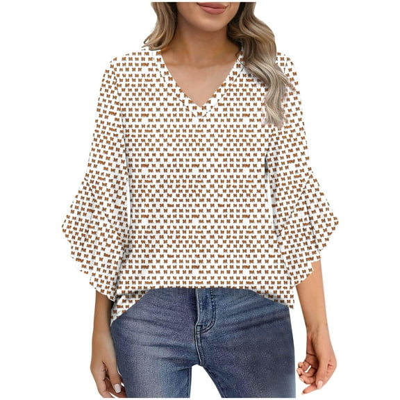 Ruimatai Women's V Neck 3/4 Sleeve Flared Blouse Casual Loose Fit Printed Tops Comfortable Flowy T-Shirt Fashion Floral Shirt