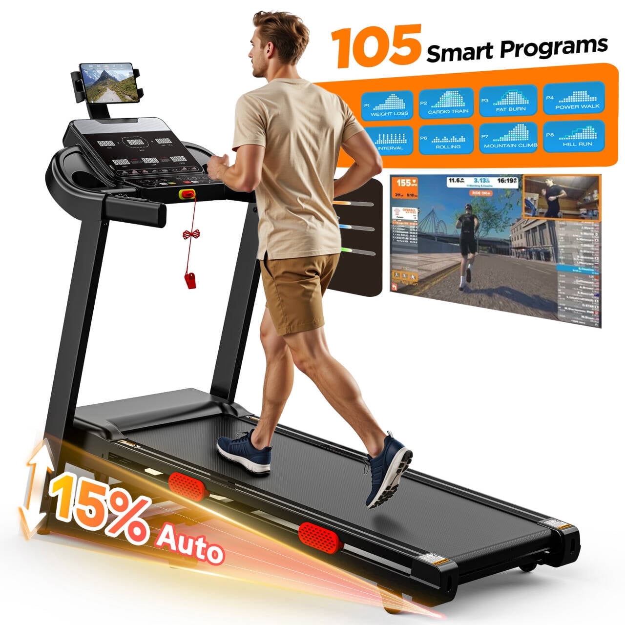 3.9HP Treadmill w/ 15% Auto Incline for Home, 340LBS Folding Treadmill w/ 9MPH Fast Speed, 6 Screens LCD Display, 42.3" Wide Running Belt,APP Bluetooth Control,Cushioned Jogging Walking Treadmill