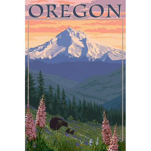 Mount Hood, Oregon, Bear Family and Spring Flowers (16x24 Giclee Gallery Art Print, Vivid Textured Wall Decor)