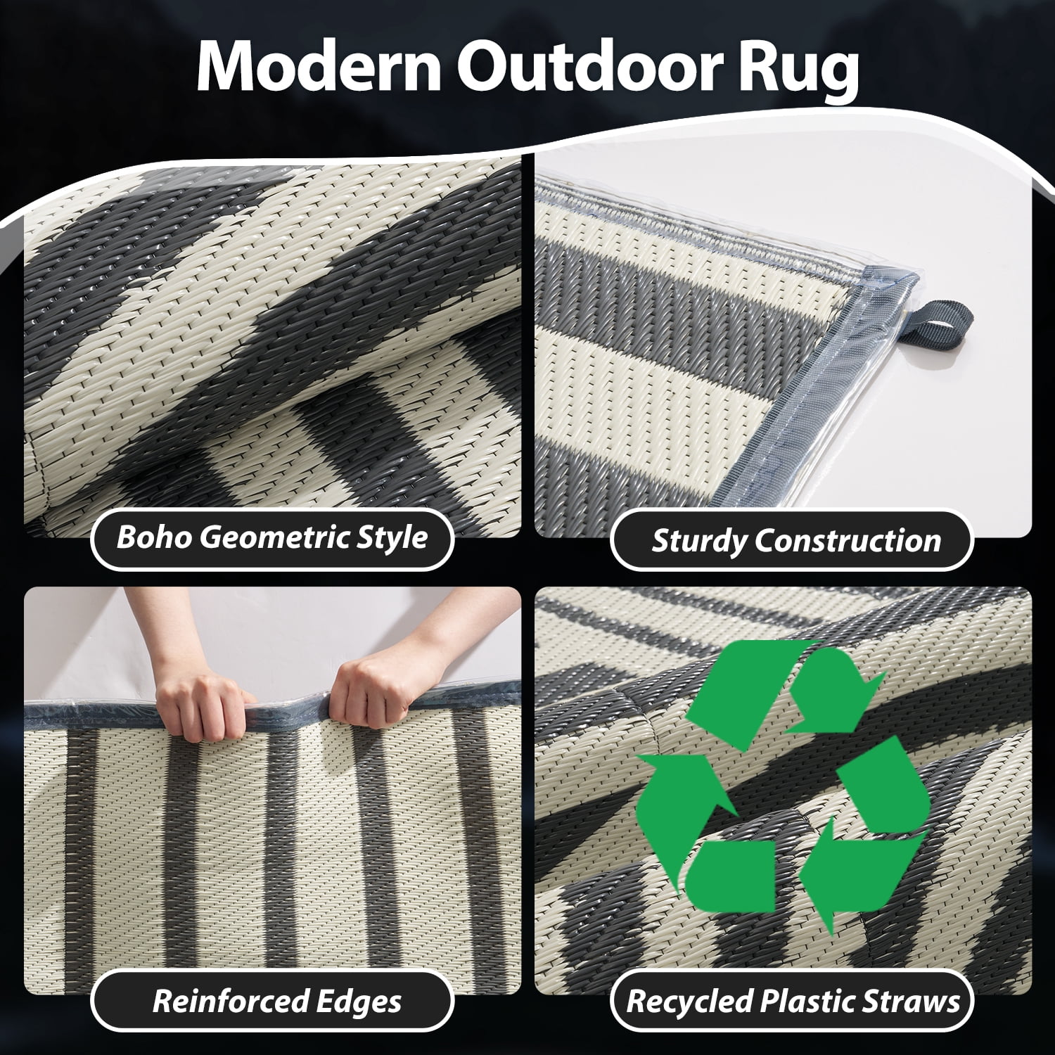 VUNATE Outdoor Rug with LED Strip Lights 8'x10' Waterproof Reversible Patio Rug Plastic Straw Lightweight Indoor Outdoor Rug for RV Camping Deck Balcony Boho Porch Decor Gray and Beige
