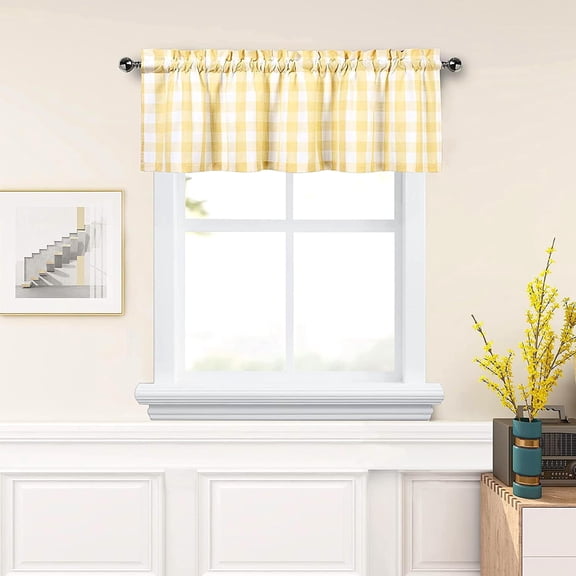 Buffalo Plaid Valance Farmhouse Kitchen Curtain Yellow White Linen Sheer Check Rod Pocket Rustic Window Treatment for Living Room Kitchen,1 Panel,55''''x15'''',Yellow and White